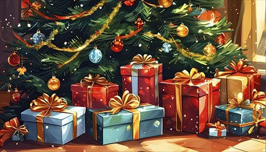 Abstract illustration of wrapped Christmas gifts, shiny ribbons and bows, stacked under a evergreen