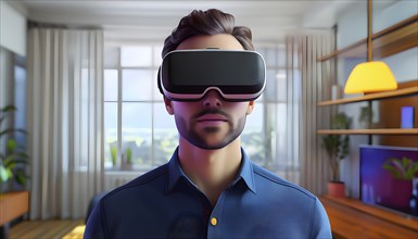 Three dimensional render of a man wearing virtual reality glasses, AI generated