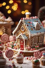 Gingerbread house decorations, focusing on the intricate icing details, colorful candy, and soft,