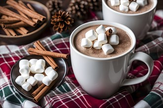 A close-up of a steaming cup of hot cocoa topped with marshmallows, surrounded by cinnamon sticks,