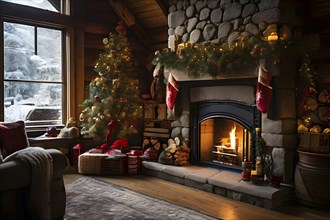 Traditional stone fireplace decorated for Christmas, with garlands, stockings, and candles, set in