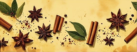 Abstract wallpaper illustration of Christmas spices like cinnamon sticks, star anise, and cloves,