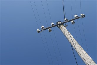 Wooden electricity pylon, electricity pylon with ceramic insulators, Münsterland, North