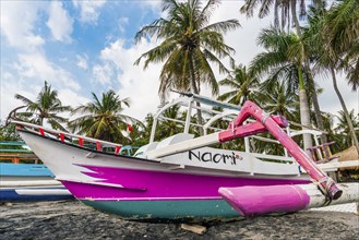 Fishing boat at Magsit beach in Sengiggi, boat, wooden boat, palm beach, travel, tourism,