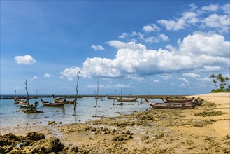 Fishing boats at low tide, longtail boat, water, sea, ocean, coast, summer, daytime, Andaman Sea,