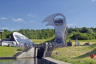 The Falkirk Wheel, a modern architectural structure, lifts boats in a hilly landscape, Forth and