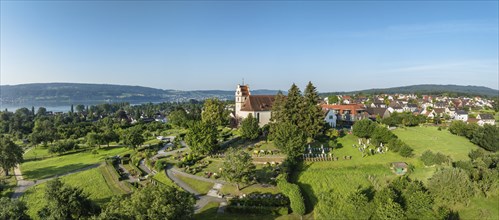 The church of St. Johann and Vitus in Horn on the Höri peninsula, aerial view, panorama,