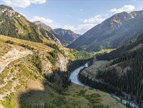 Mountain landscape with river in a narrow mountain valley in autumn, Little Naryn or Kichi-Naryn,