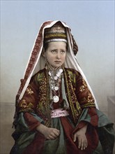 Young woman from Bethlehem in typical traditional costume, Holy Land, Historical, digitally