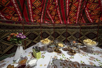 Interior photo, traditional yurt with food, Kyrgyzstan, Asia