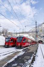 Rhaetian Railway trains on the Albula railway Stadler Rail passenger train at Filisur station,