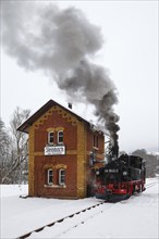 Steam train of the Preßnitztalbahn railway Steam locomotive in winter in Steinbach, Germany, Europe