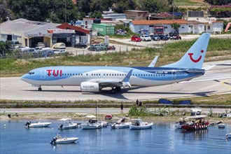 A TUI Airways Boeing 737-800 aircraft with the registration G-FDZZ at Skiathos Airport, Greece,