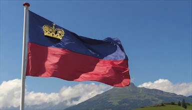 The flag of Liechtenstein flutters in the wind