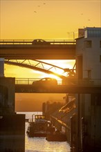 Road bridges over the outer harbour basin in the Rhine port of Duisburg, Am Brink, above,