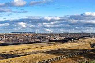 Opencast lignite mine Garzweiler 2, bucket wheel excavator, near Jüchen, wind farm, North