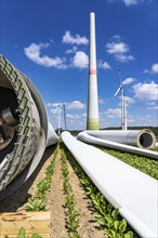 Repowering of a wind farm, near Brilon-Radlinghausen, 2 old turbines are demolished, rotors and