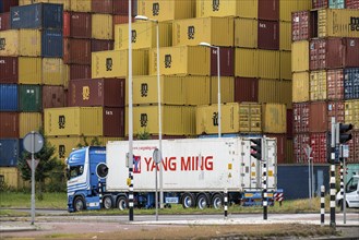 Europoort harbour, Waalhaven area, large container stack, warehouse, at RST Container Terminal,