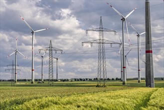 Wind farm north-east of Marsberg, Hochsauerlandkreis, high-voltage line, electricity pylons, North