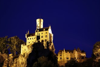 Lichtenstein Castle, night shot, artificial light, fairytale castle of Württemberg, illuminated,