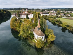 Aerial view of the former Benedictine abbey with the monastery church of St Mary and the pointed