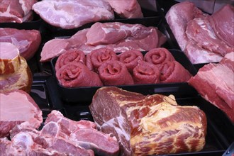 Variation of fine meat products in the butcher's shop