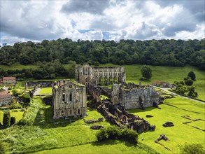 Rievaulx Abbey from a drone, North York Moors National Park, North Yorkshire, England, United