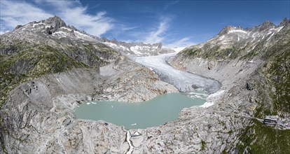 Rhone glacier, valley glacier in the headwaters of the Rhone in the Swiss Alps. Melting glacier,