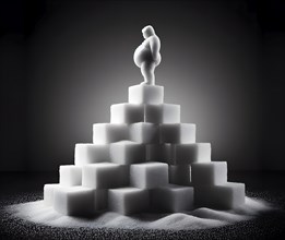 A severely overweight man with obesity stands on a pyramid of sugar cubes, symbolic image disease,