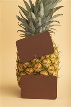 Brown paper business card with ripe pineapple on orange pastel background. Side view, copy space.