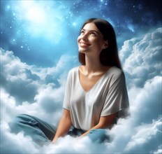 A happy young woman in love sits smiling on cloud 7, seven, and dreams, AI generated, AI generated