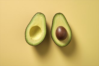 Top view of halved avocado on yellow background. KI generiert, generiert AI generated