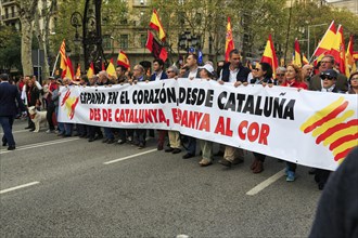 Crowd holding flags and banner with Catalan Senyera, Senera, red and yellow, demonstration, Spanish