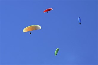 Four colourful paragliders fly in the blue sky