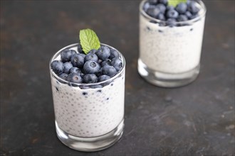 Yogurt with blueberry and chia in glass on black concrete background. Side view, close up