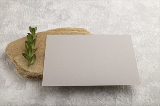 Gray paper business card, mockup with natural stone and boxwood branch on gray concrete background.