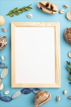 Composition with wooden frame, seashells, green boxwood. mockup on blue pastel background. Blank,