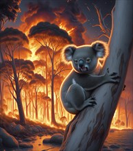 Climate change, global warming, bushfires, a koala in Australia sitting on a burning eucalyptus