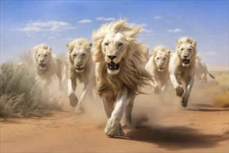 Male lions running in the desert, Africa, AI generated