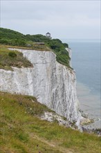 View of chalk cliffs with bushes and trees and a tower in the background and the sea below, White