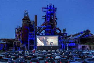 Drive-in cinema Dortmund, against the backdrop of the former blast furnace plant Phönix-West in