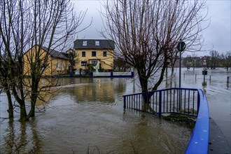 Flood on the Ruhr, here near Hattingen, buildings at a flooded campsite, completely surrounded by