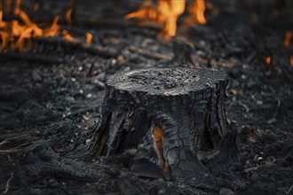 Black burned tree stump in forest. Generative Ai, AI generated