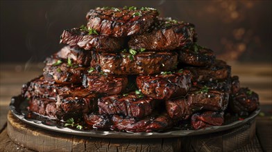 Plate with A stack of several grilled steaks. generative AI, AI generated