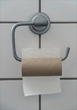 Last sheet of toilet paper on a toilet roll