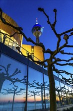 Rhine Tower, evening, state parliament building, North Rhine-Westphalia state parliament, sunset