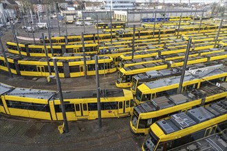 Warning strikes in local public transport, Ruhrbahn trams at the depot, VERDI union members on