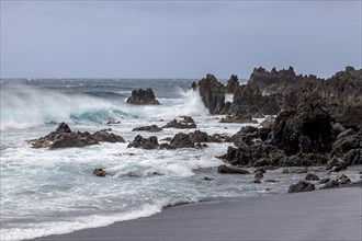 Lava rocks in the sea, surf, near Los Hervideros, Lanzarote, Canary Islands, Spain, Europe