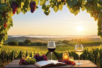 AI generated wine tasting table setup with wine and vine grapes nestled subtly amidst a thriving