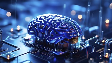 Human brain intricately interlinked with the circuits of a computer board symbolizing artificial